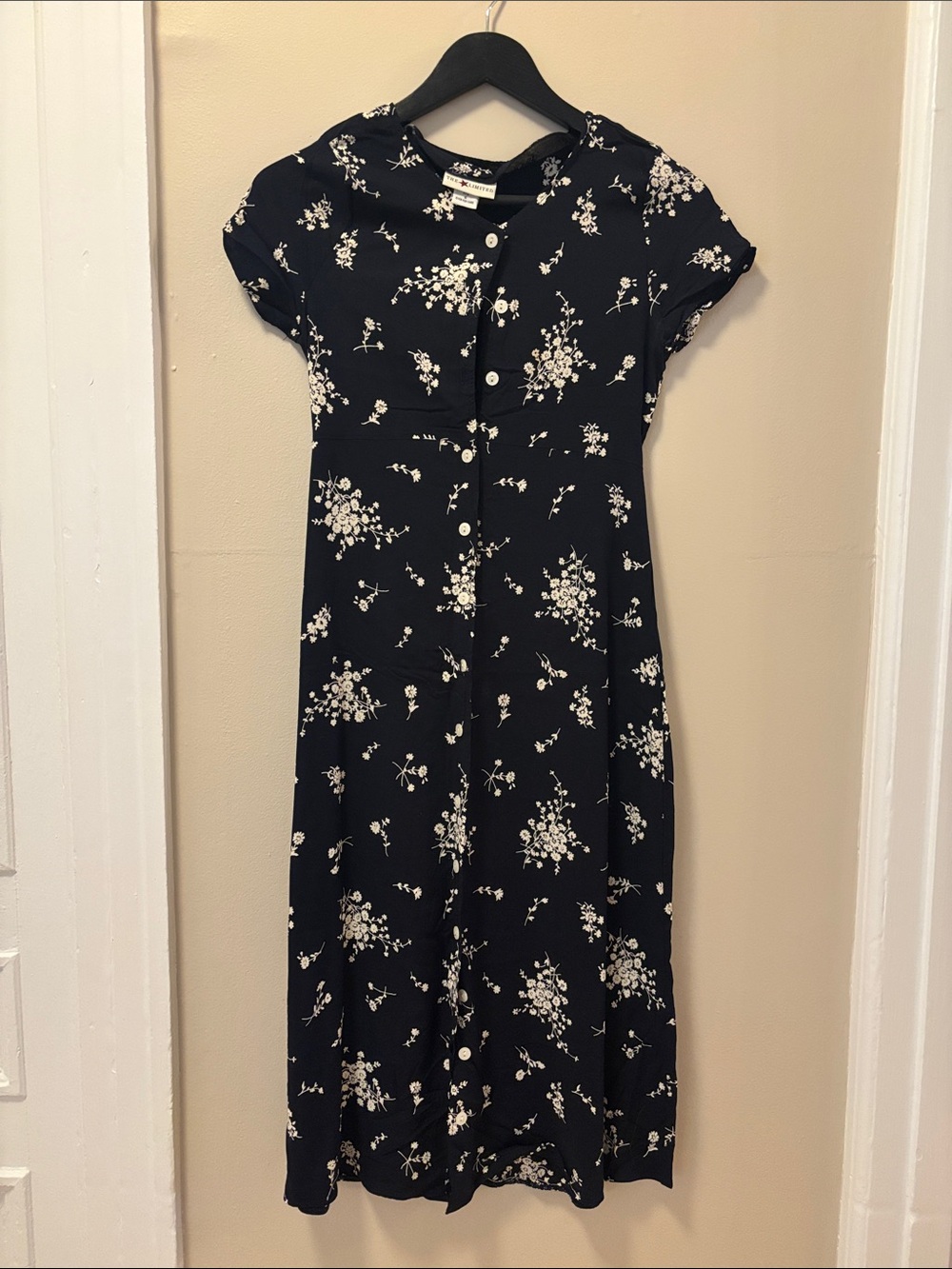 Vintage dark blue Floral Button-Front Midi Dress